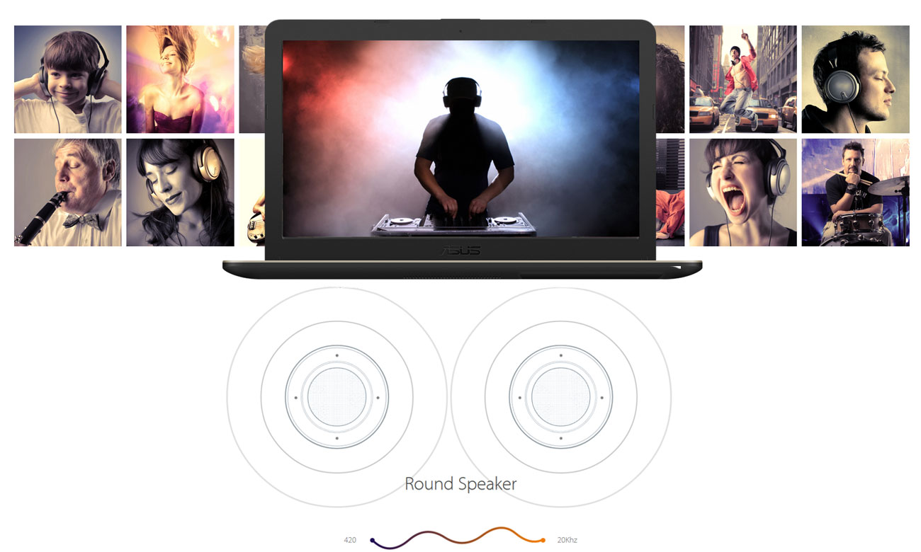 ASUS VivoBook R540MA Zachwycający dźwięk Technologia SonicMaster i AudioWizard