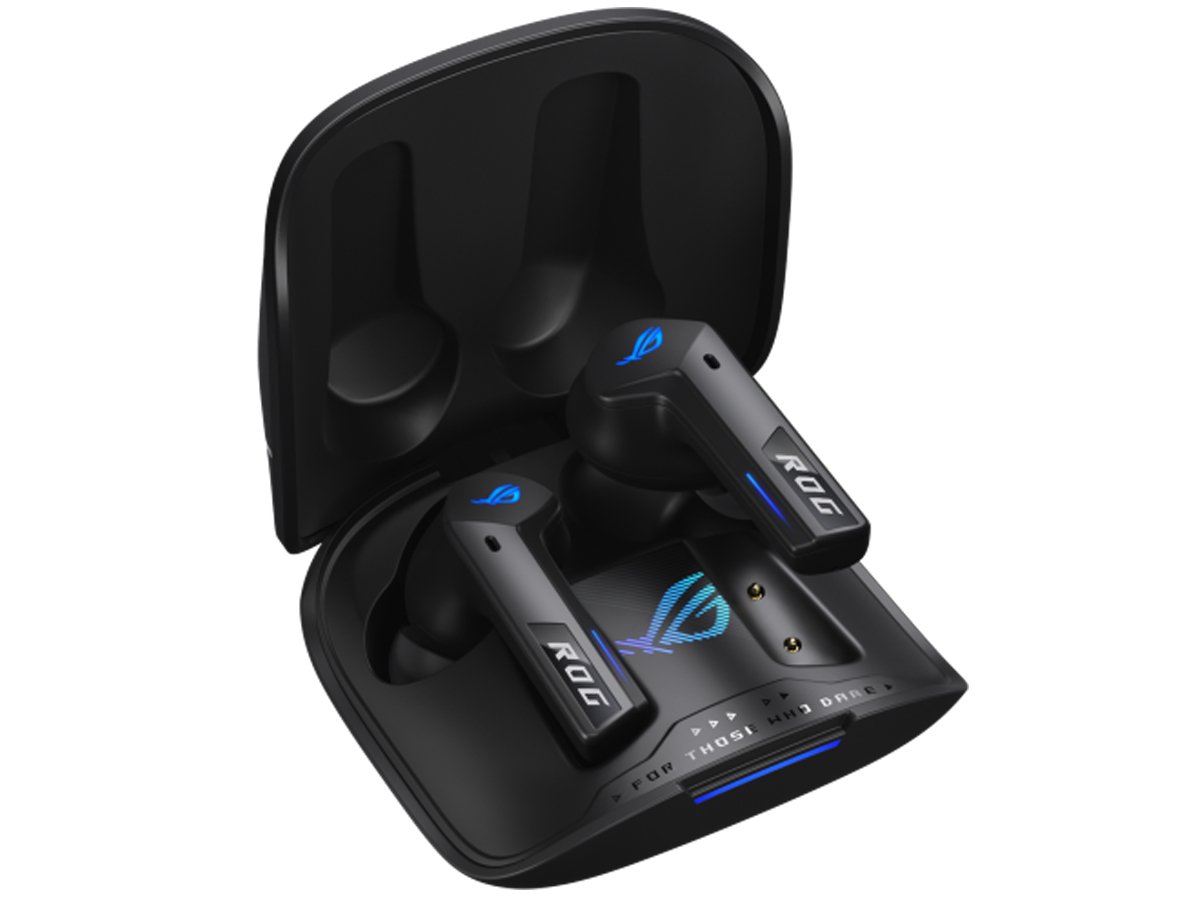 Słuchawki bezprzewodowe ASUS ROG Cetra True Wireless SpeedNova Czarne - Widok ogólny z etui ładującym