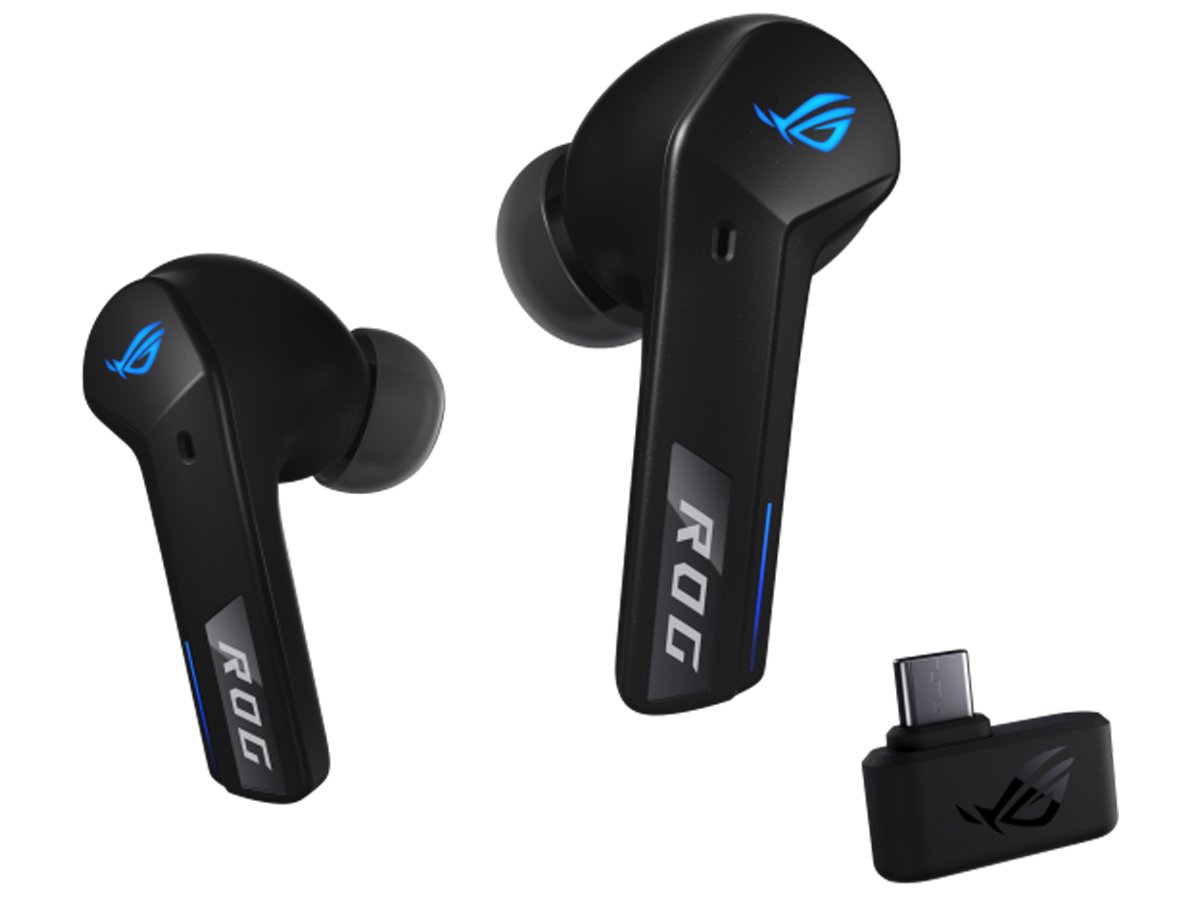 Słuchawki bezprzewodowe ASUS ROG Cetra True Wireless SpeedNova Czarne - Widok lewej i prawej słuchawki z adapterem