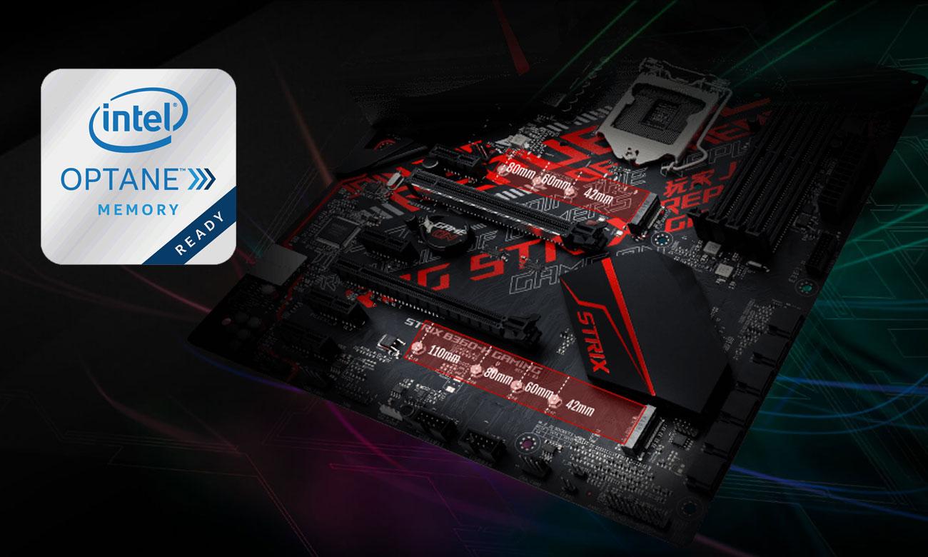 ASUS ROG STRIX B360-H GAMING Dwa gniazda M.2 PCIe 3.0, Obsługa Intel Optane