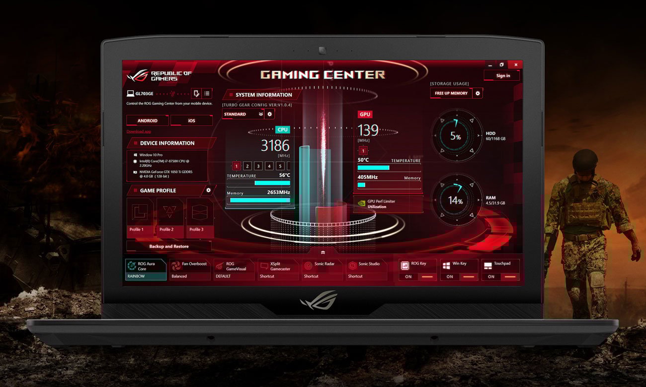 ASUS ROG Strix SCAR GL703GM Uzbrojony w ROG Gaming Center