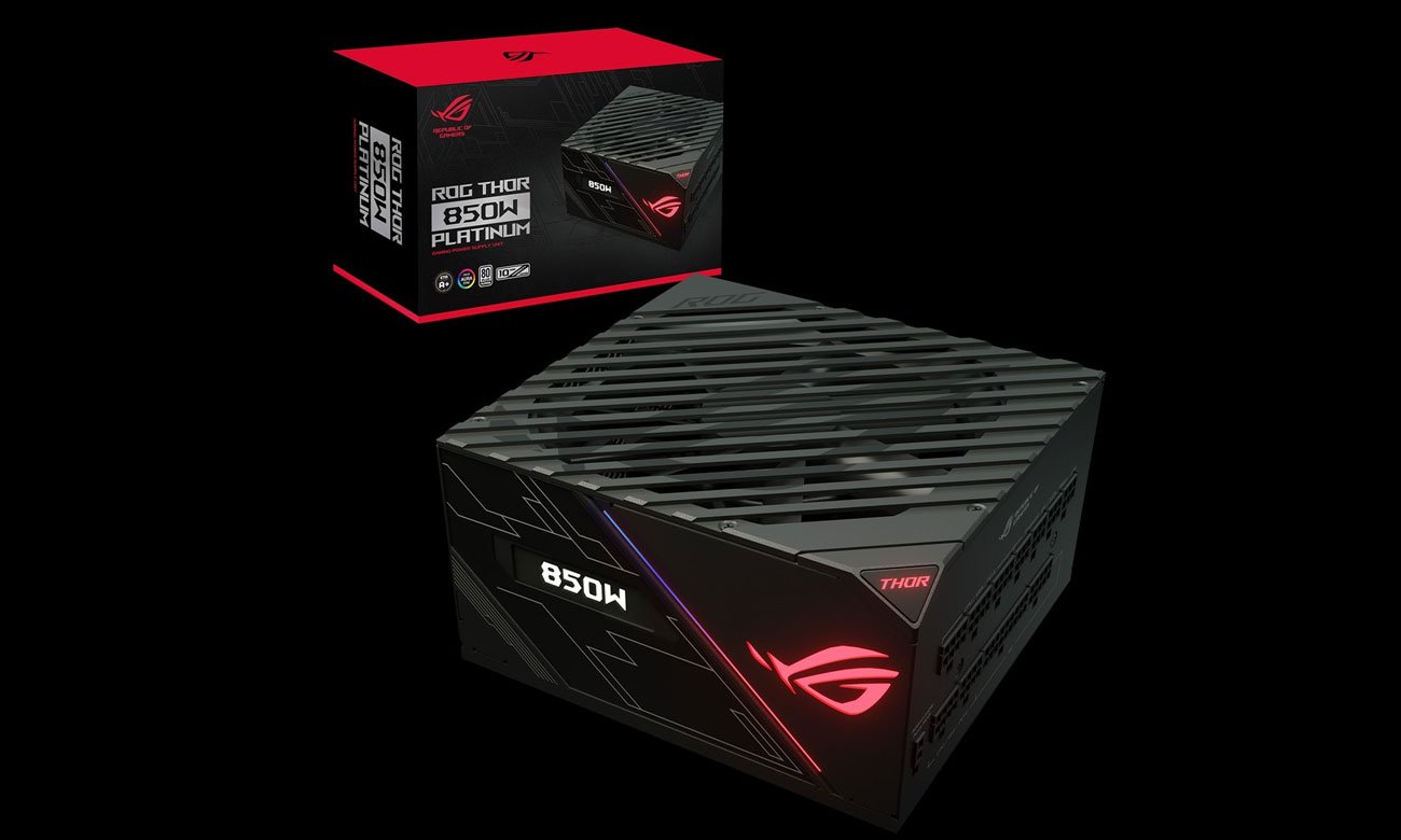 Das Netzteil mit Aura Sync RGB Beleuchtung OLED Informationspanel Wing Blade Lüfter und Kühlkörper ASUS ROG Thor 850W 80 Plus Platinum
