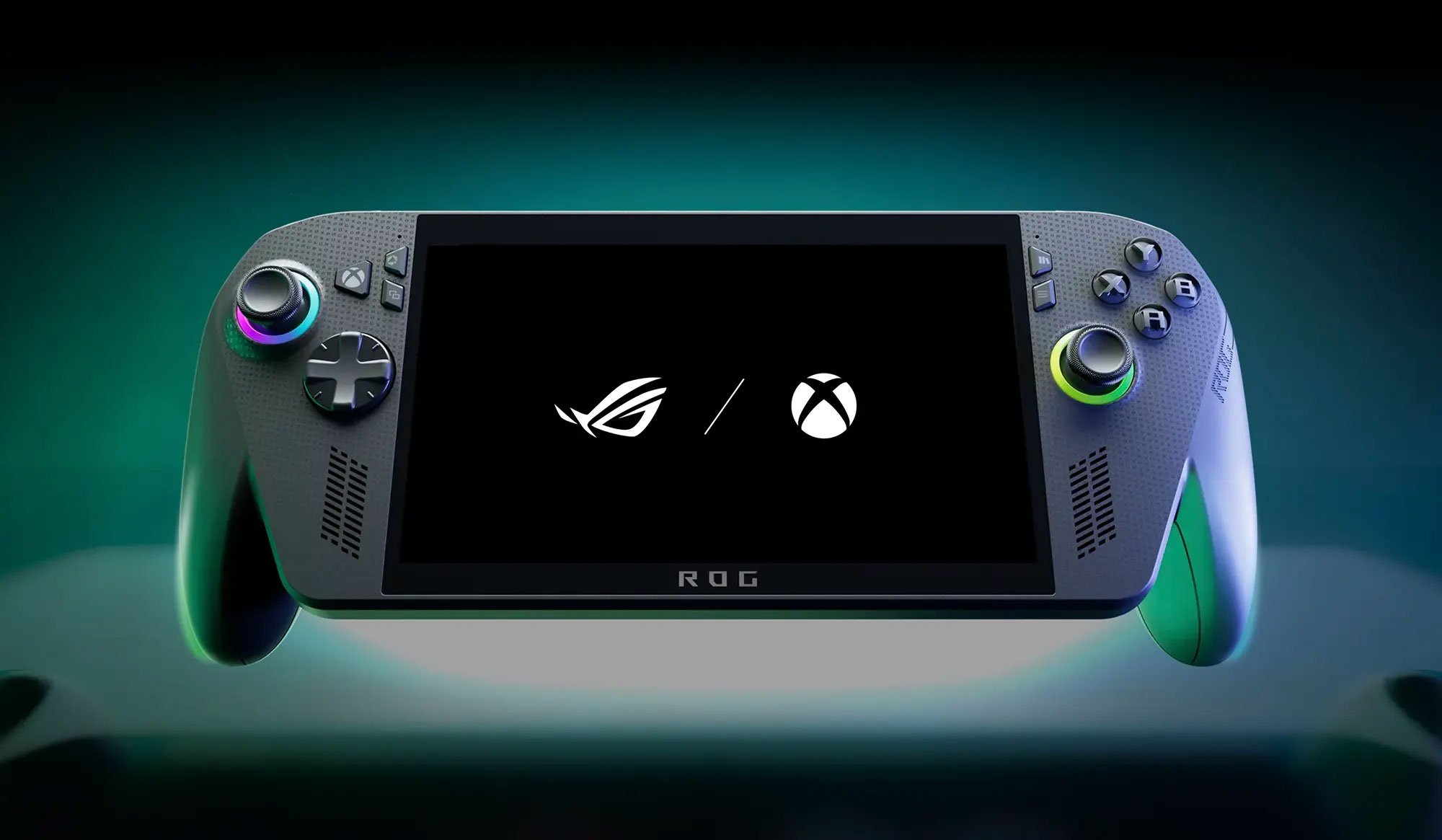 Czarna konsola ROG Xbox Ally X na ciemnym tle.