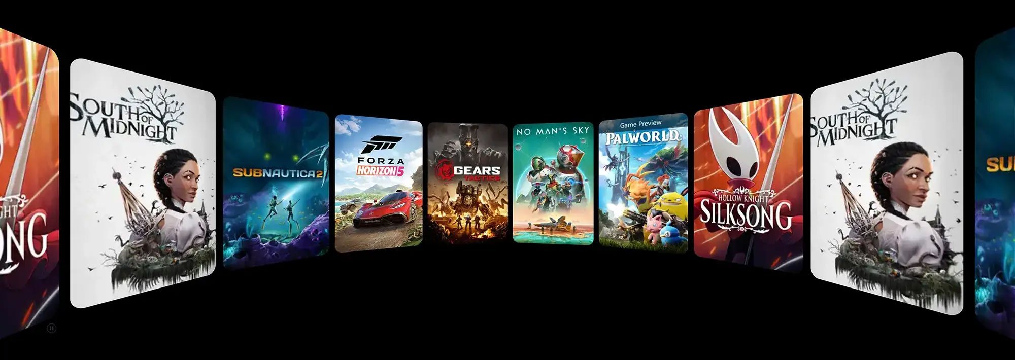 Okładki różnych gier wideo, takich jak Forza Horizon 5, Subnautica 2 czy Hollow Knight: Silksong.