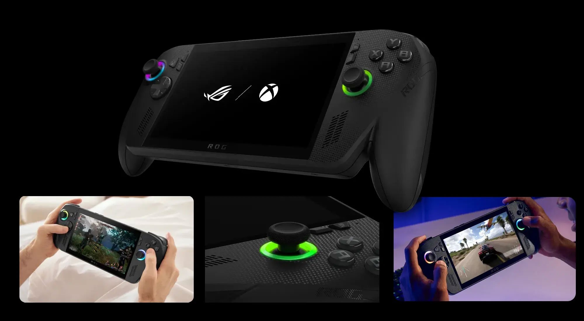 Konsola ROG Xbox Ally X, zaprezentowana z różnych ujęć, aby pokazać jej detale