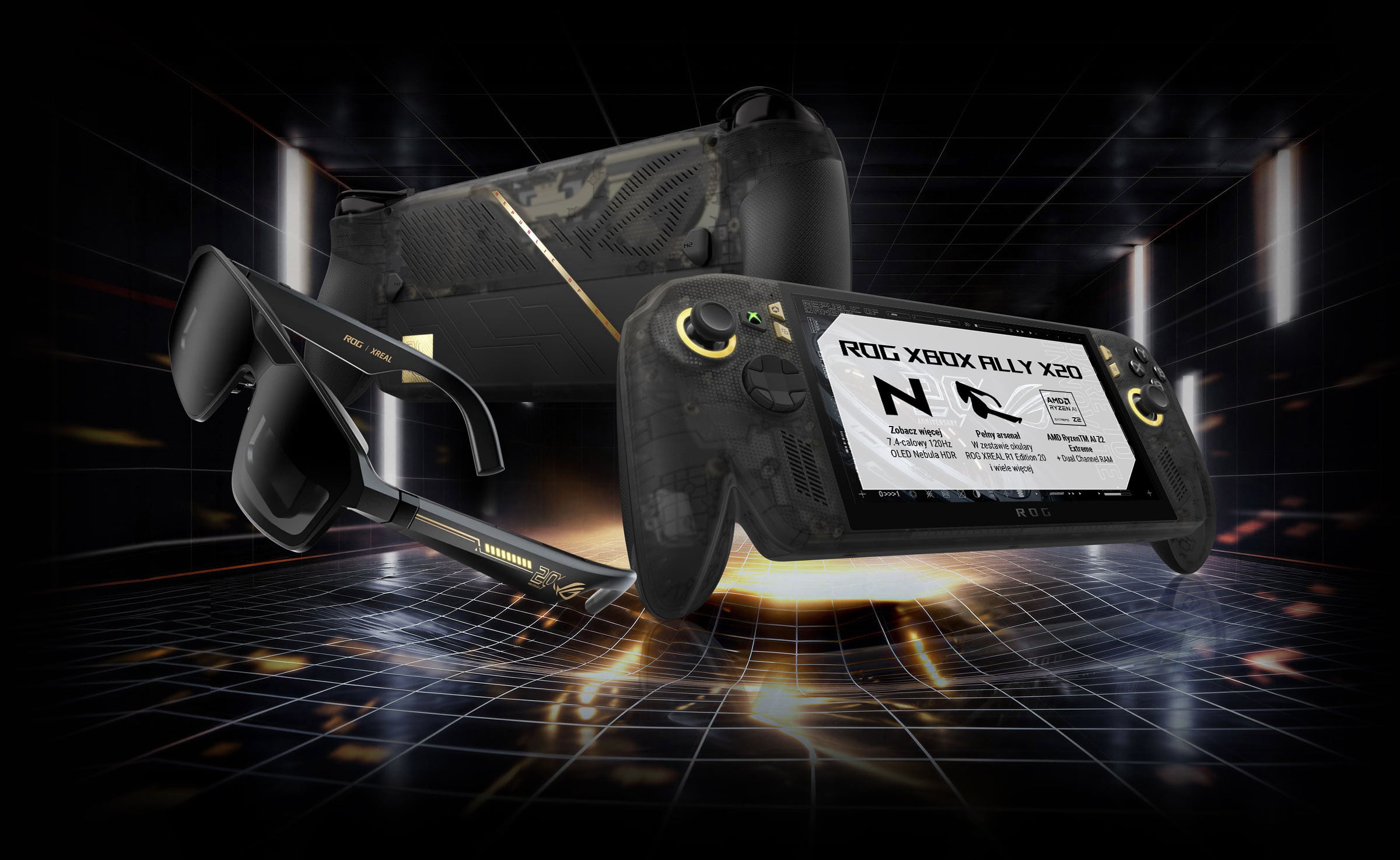 Dwie konsole przenośne ROG XBOX Ally X20, widok z tyłu i z przodu, na futurystycznym czarnym tle.