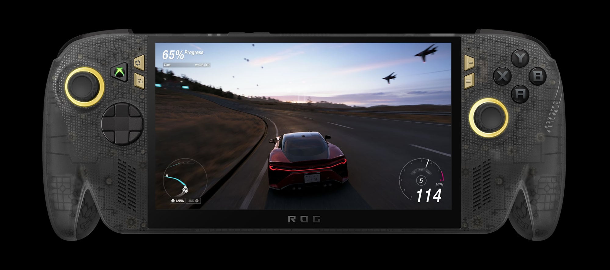 Front ROG XBOX Ally X20, na wyświetlaczu gra wyścigowa
