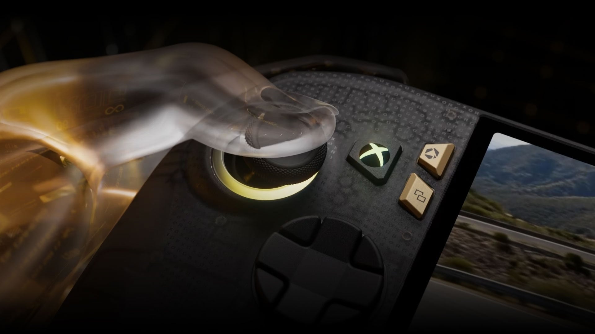 Zbliżenie na lewy joystick konsoli, na zewnątrz wizualizacja ergonomicznie ułożonej półprzeźroczystej dłoni
