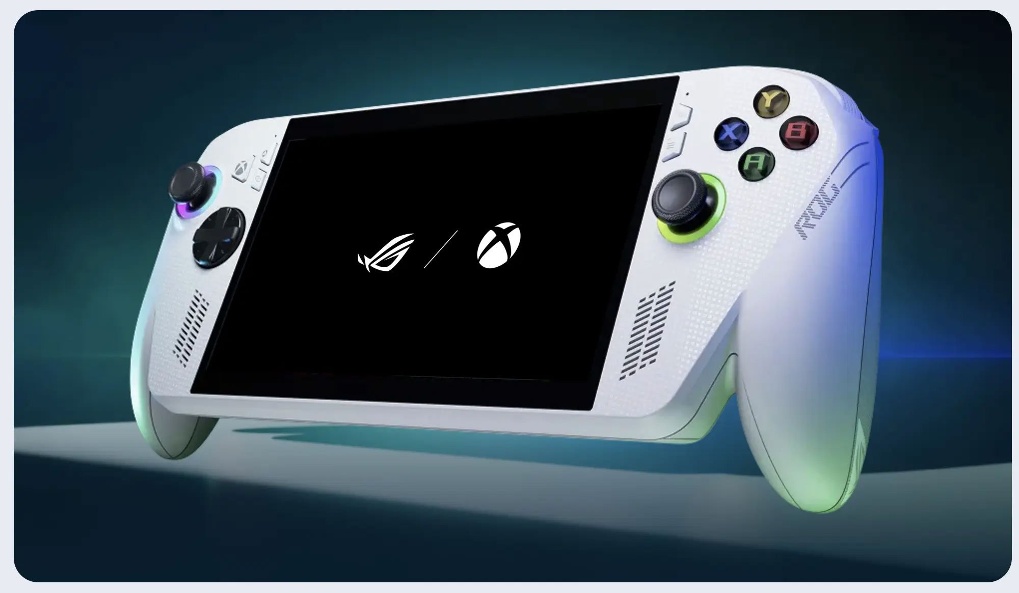 Biała konsola ROG Xbox Ally na ciemnym tle.