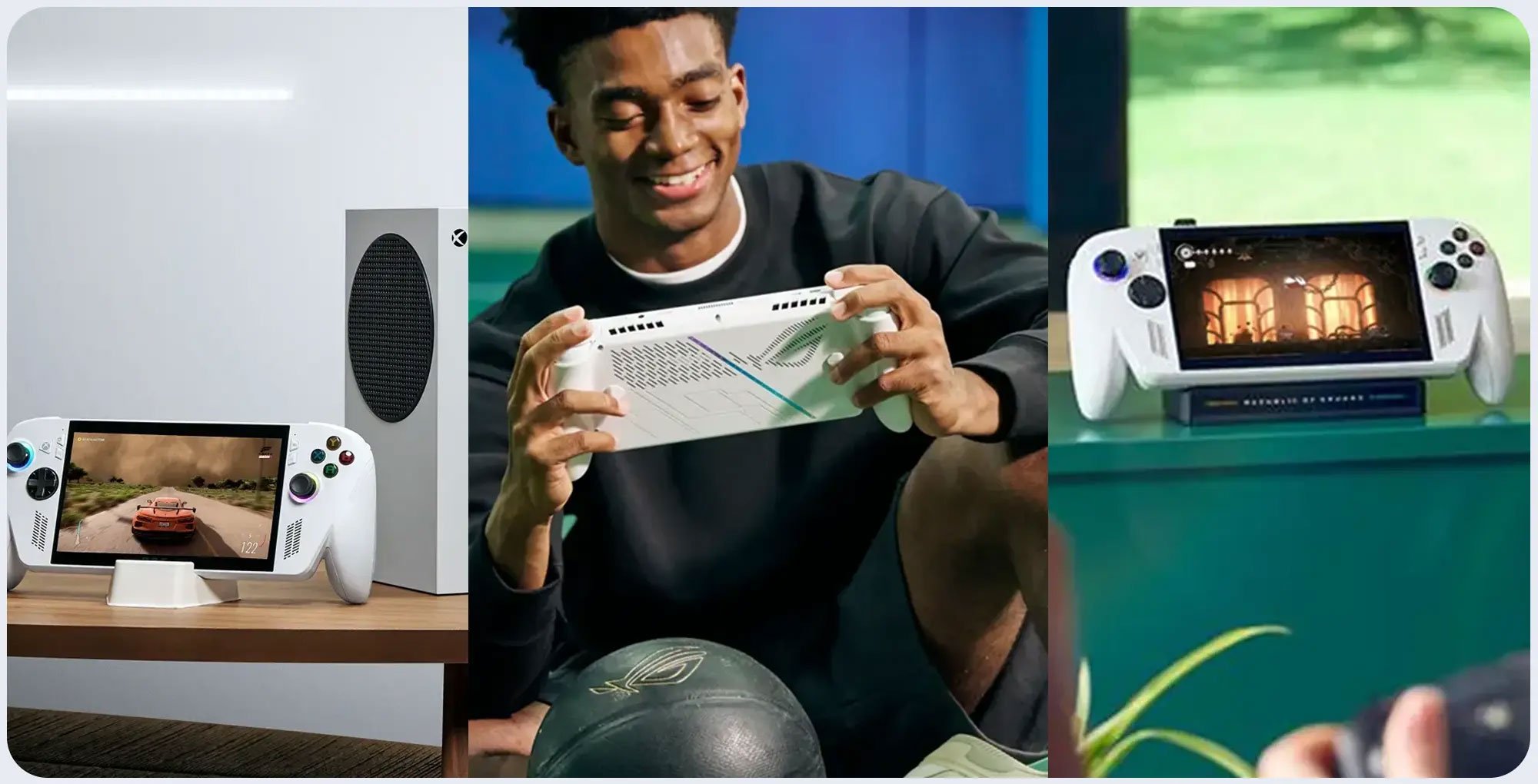 Konsola do gier ROG Xbox Ally w różnych scenariuszach użytkowania.