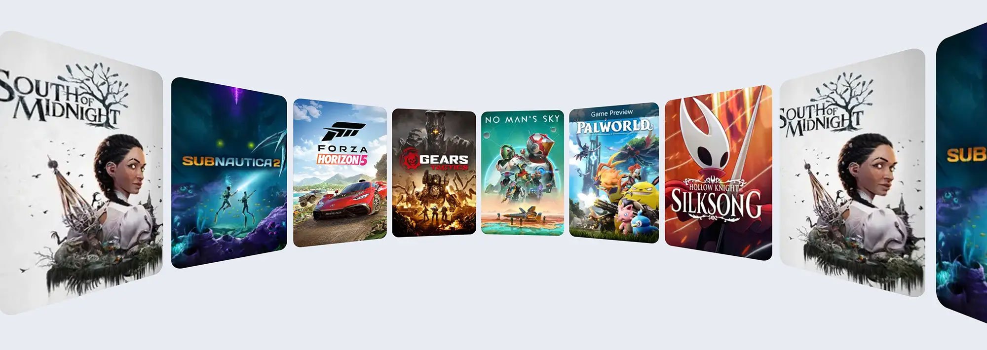 Okładki różnych gier wideo, takich jak Forza Horizon 5, Subnautica 2 czy Hollow Knight: Silksong.