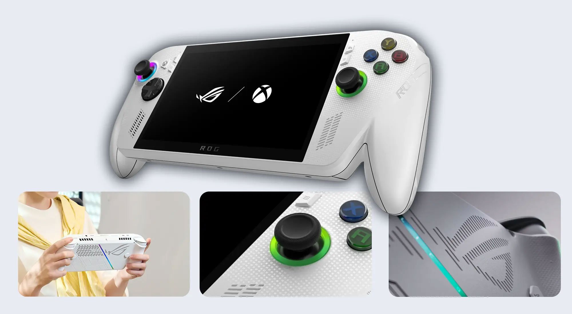 Konsola ROG Xbox Ally, zaprezentowana z różnych ujęć, aby pokazać jej detale.