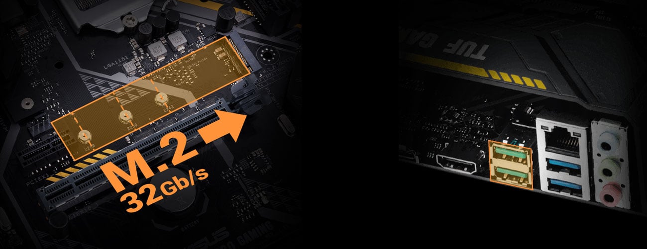 ASUS TUF X470-PLUS GAMING Złącza M.2 32 Gb/s i USB 3.1 Gen2 10 Gb/s