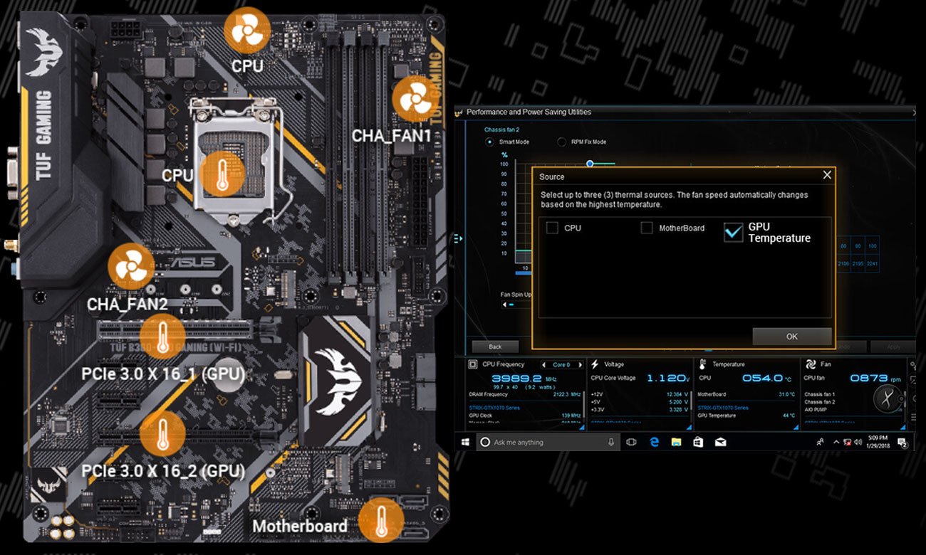 ASUS TUF B360-Pro Gaming (Wi-Fi) Elastczne sterowanie chłodzeniem Fan Xpert 4 Core