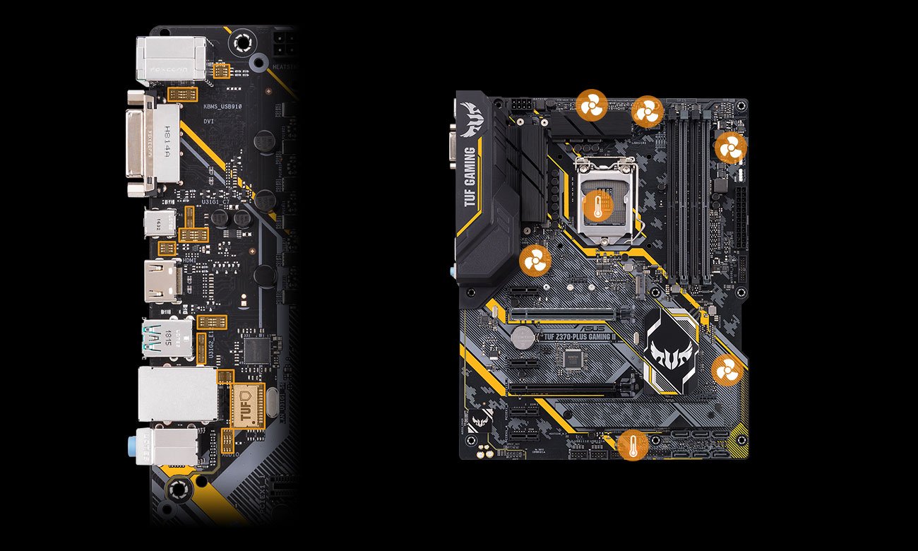 ASUS TUF Z370-PLUS GAMING II Zabezpieczenia ESD, chłodzenie