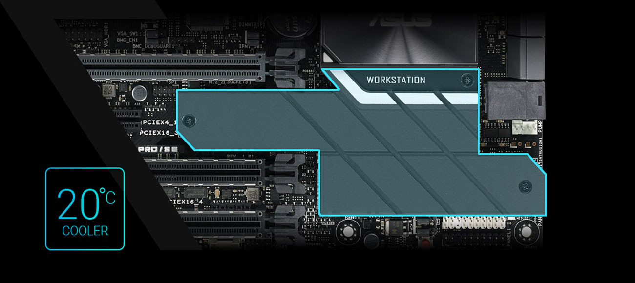 ASUS WS C422 PRO/SE Dwa zintegrowane gniazda M.2 i radiator dysku M.2