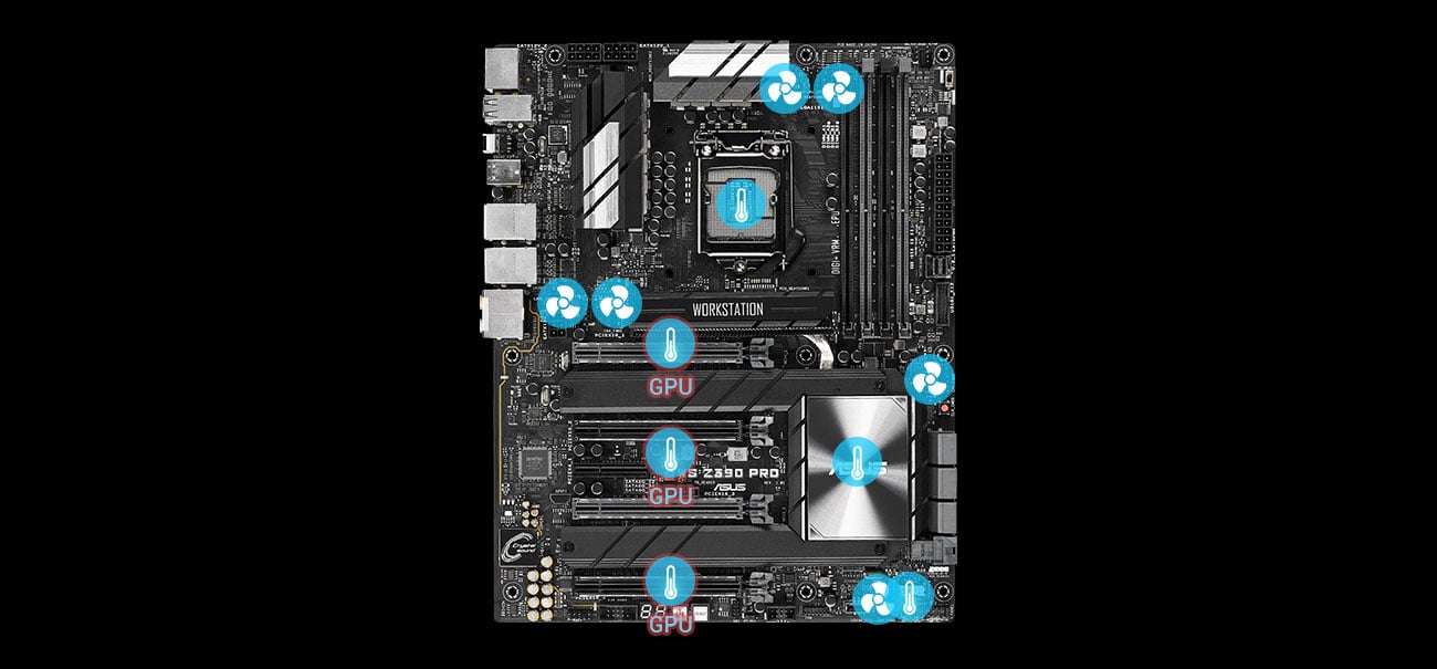 ASUS WS Z390 PRO Złącza wentylatorów, czujniki temperatur