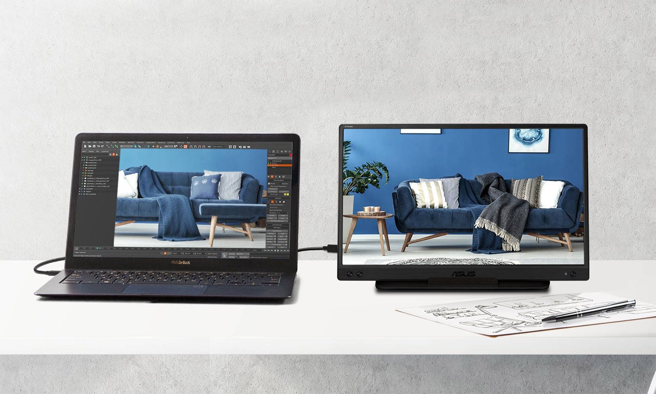 ASUS ZenScreen MB166C über USB-C Kabel mit Laptop verbunden