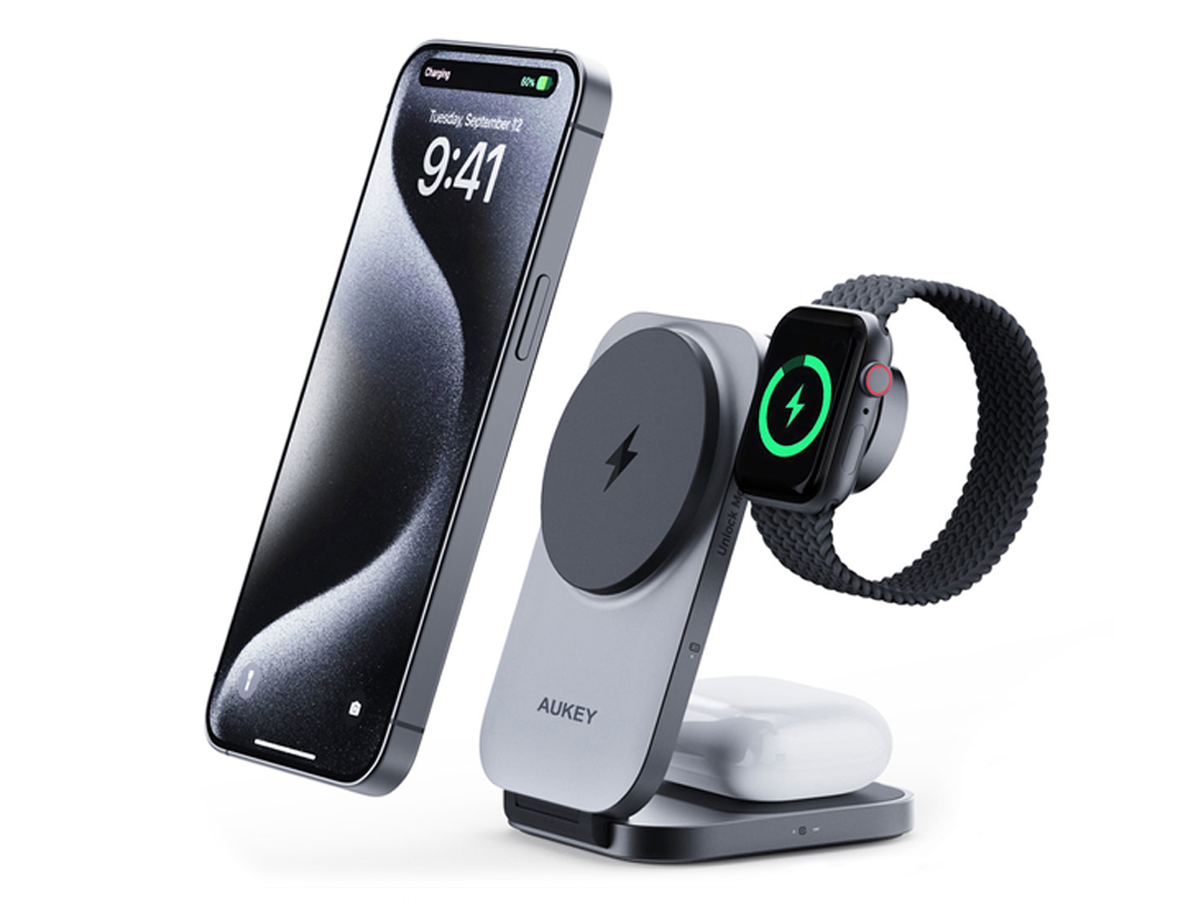 Ładowarka indukcyjna Aukey 3w1 Qi2.0 15W MagSafe/Magnetic