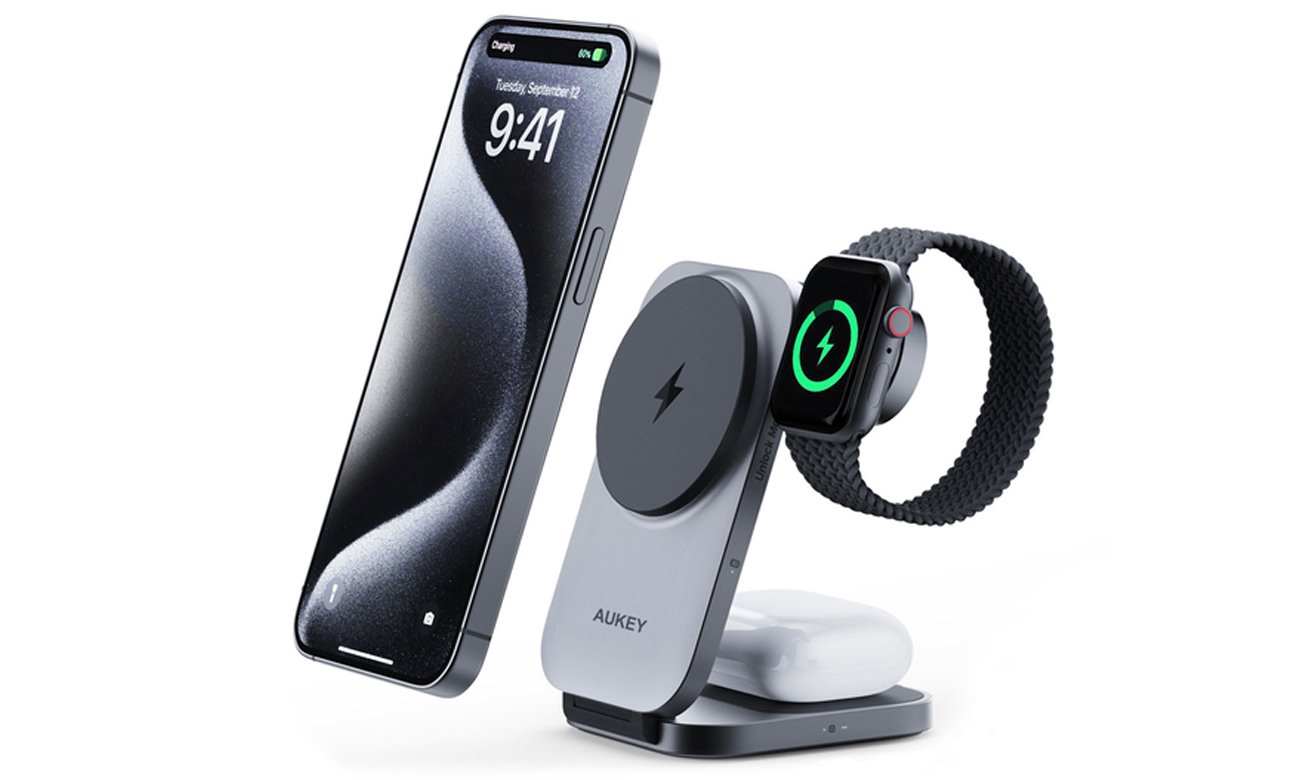 Ładowarka indukcyjna Aukey 3w1 Qi2.0 15W MagSafe/Magnetic