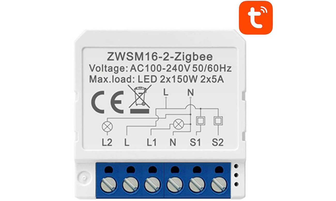 Inteligentny przełącznik dopuszkowy ZigBee Avatto ZWSM16-W2 TUYA - Widok od przodu pod kątem