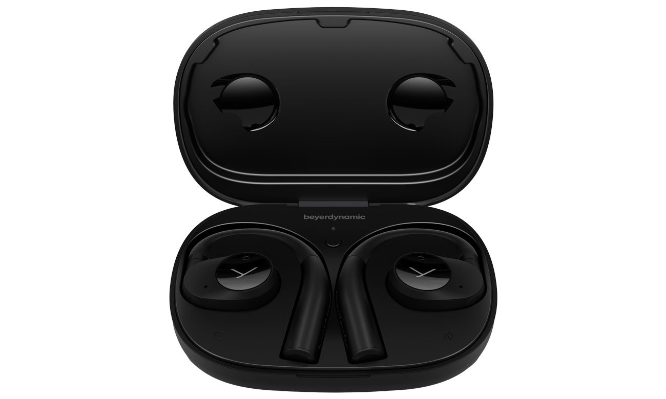 Słuchawki bezprzewodowe Beyerdynamic Verio 200 Czarne - Widok od przodu wraz z etui ładującym