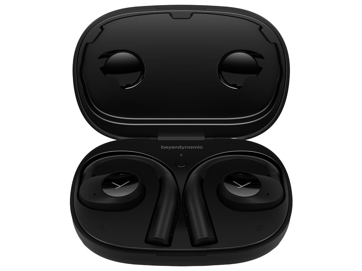 Słuchawki bezprzewodowe Beyerdynamic Verio 200 Czarne - Widok od przodu wraz z etui ładującym