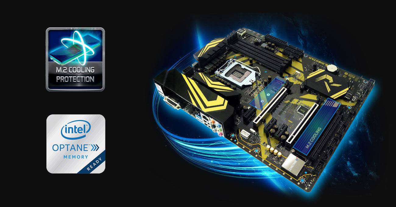 Biostar Z370GT6 Dwa sloty M.2 32 Gb/s Intel Optane