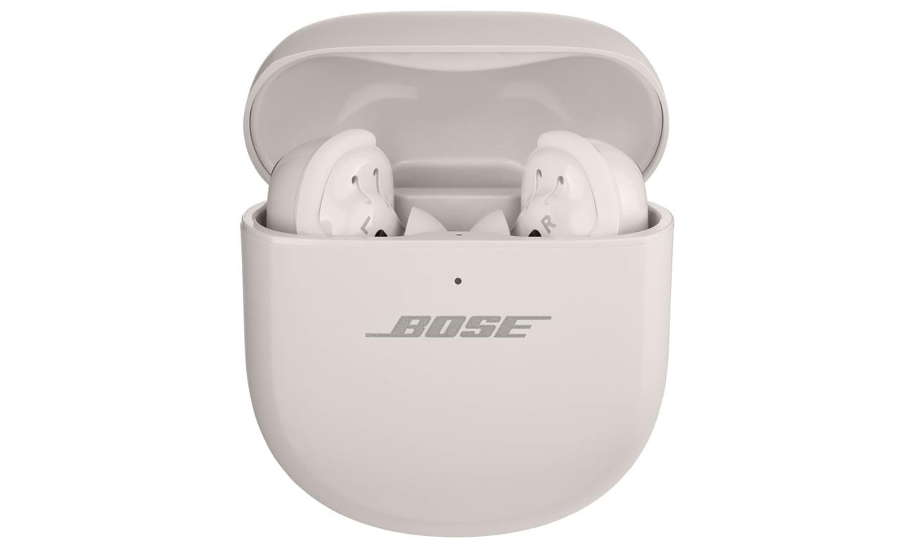 Słuchawki bezprzewodowe Bose QuietComfort Ultra Earbuds Białe - Widok od przodu wraz z otwartym etui ładującym