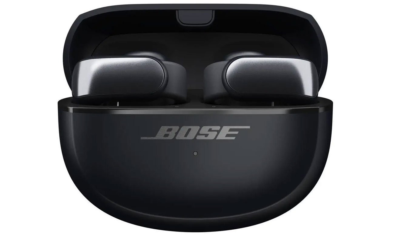 Słuchawki bezprzewodowe Bose Ultra Open Czarne - Widok od przodu wraz z otwartym etui ładującym