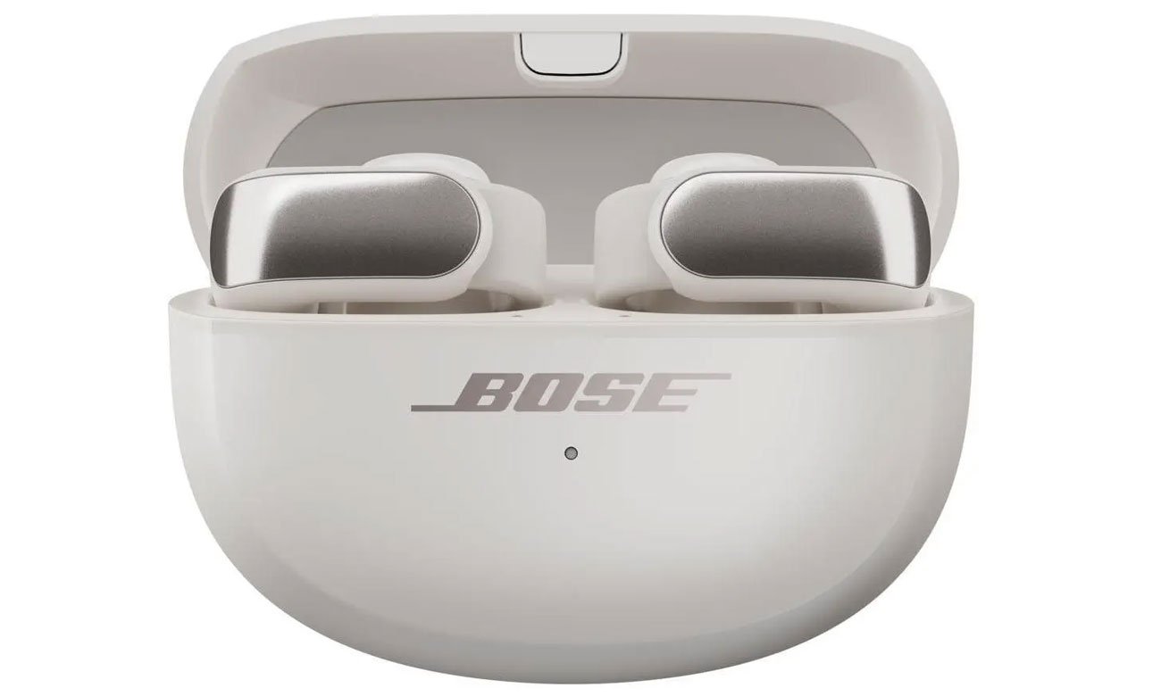 Słuchawki bezprzewodowe Bose Ultra Open Białe - Widok od przodu wraz z otwartym etui ładującym