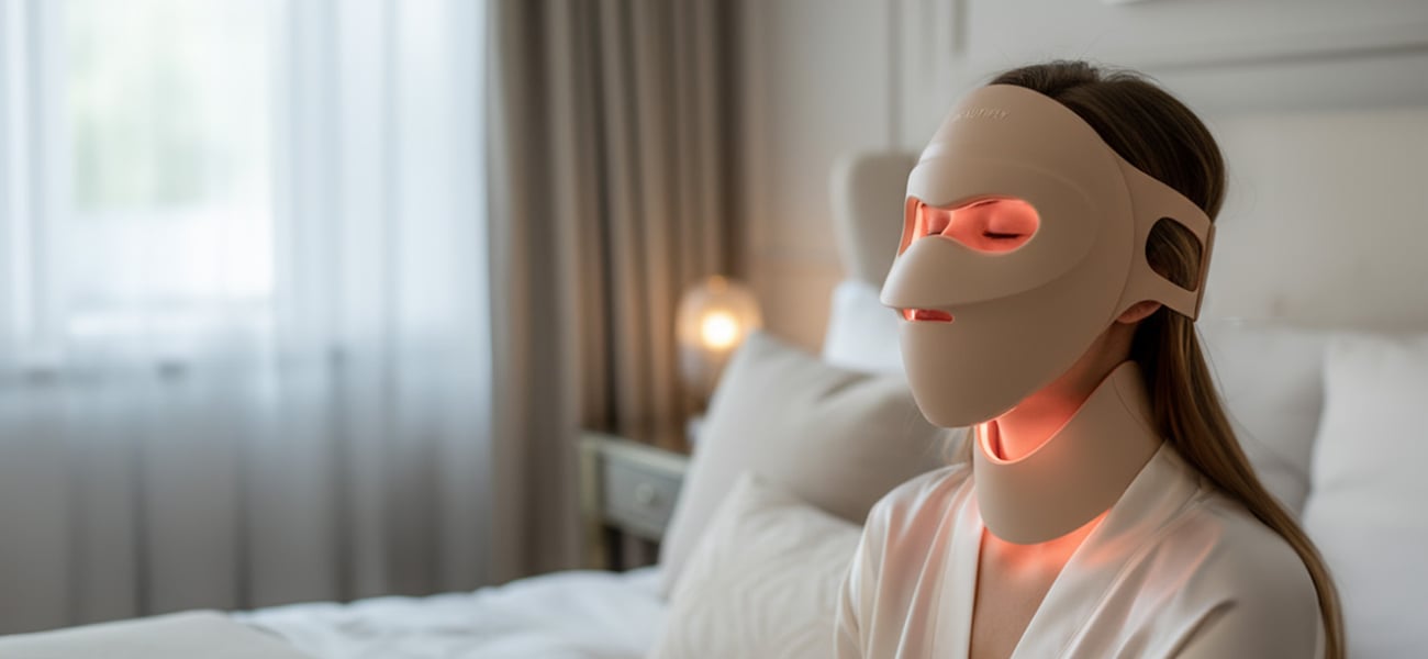 Kobieta korzystająca z maski LED Beautifly Aura NovaSkin Pro emitującej czerwone światło na okolice twarzy i szyi, siedząca w jasnej sypialni w białym szlafroku.