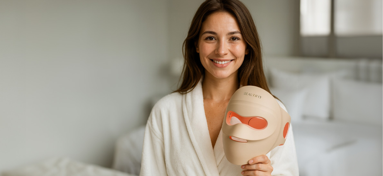 Kobieta w białym szlafroku trzyma maskę LED Beautifly Aura NovaSkin Pro emitującą czerwone światło do pielęgnacji skóry twarzy