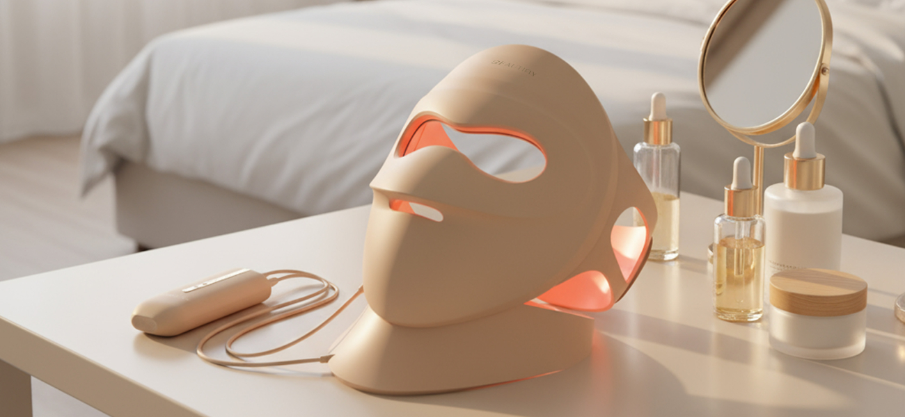 Maska LED Beautifly Aura NovaSkin Pro do pielęgnacji skóry twarzy, ustawiona na stoliku obok kosmetyków i przewodowego kontrolera urządzenia