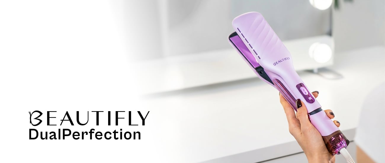 Różowa aeroprostownica Beautifly DualPerfection pokazana pod kątem na fioletowym tle z różowymi falistymi liniami, obok napisu „BEAUTIFLY DualPerfection Aeroprostownica hairseries