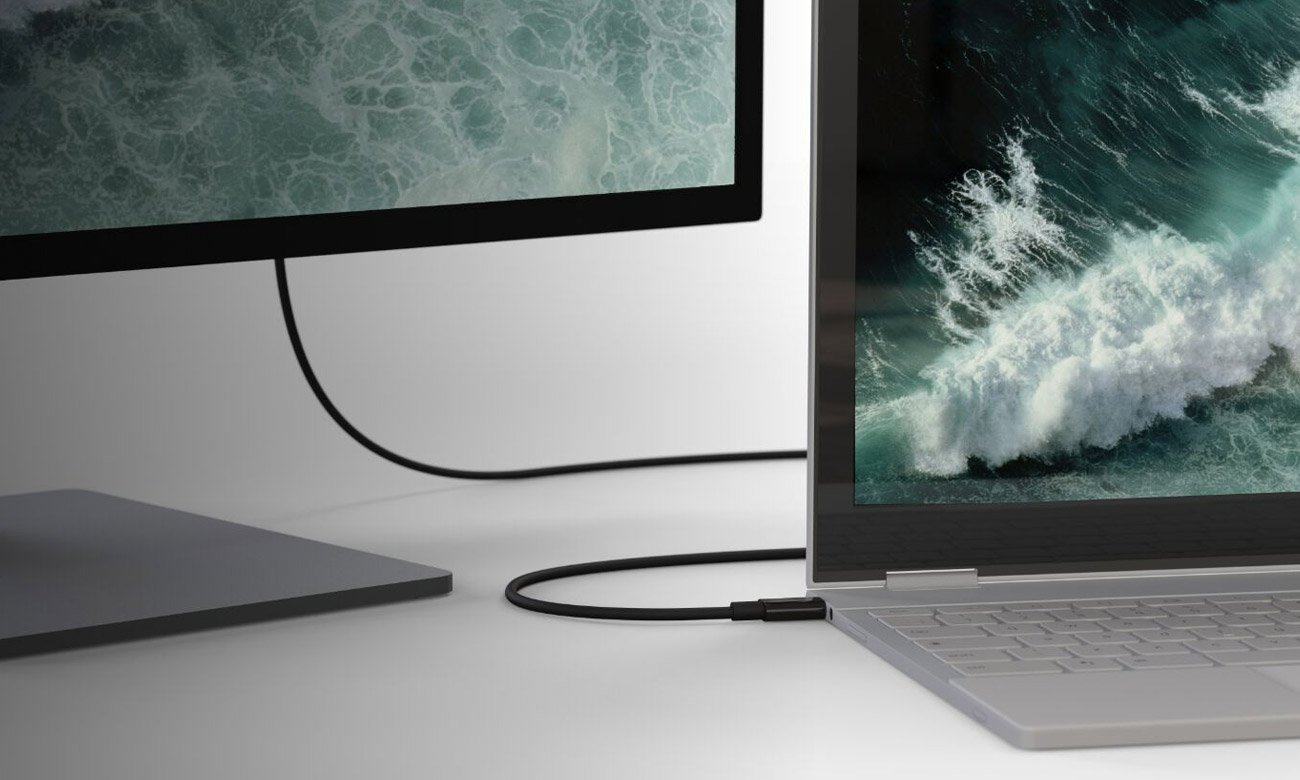 Kabel Belkin USB-C HDMI podłączony laptop i monitor