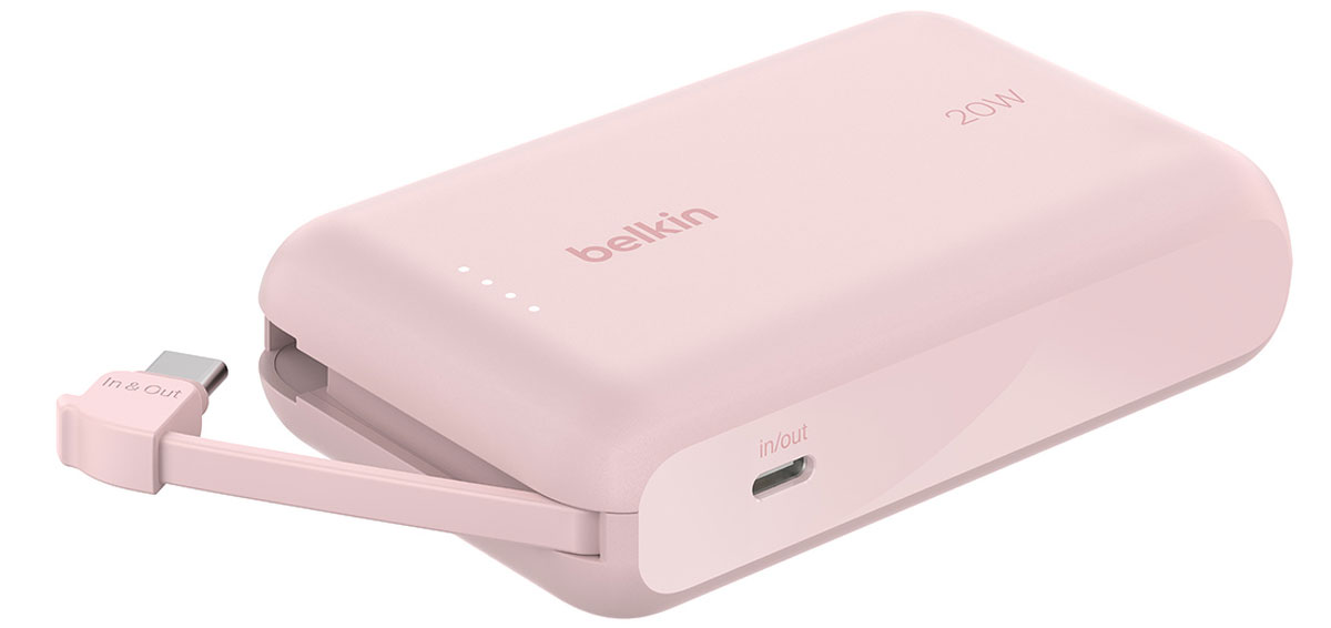 Belkin Powerbank 10 000 mAh, 20W, wbudowany kabel USB-C, różowy