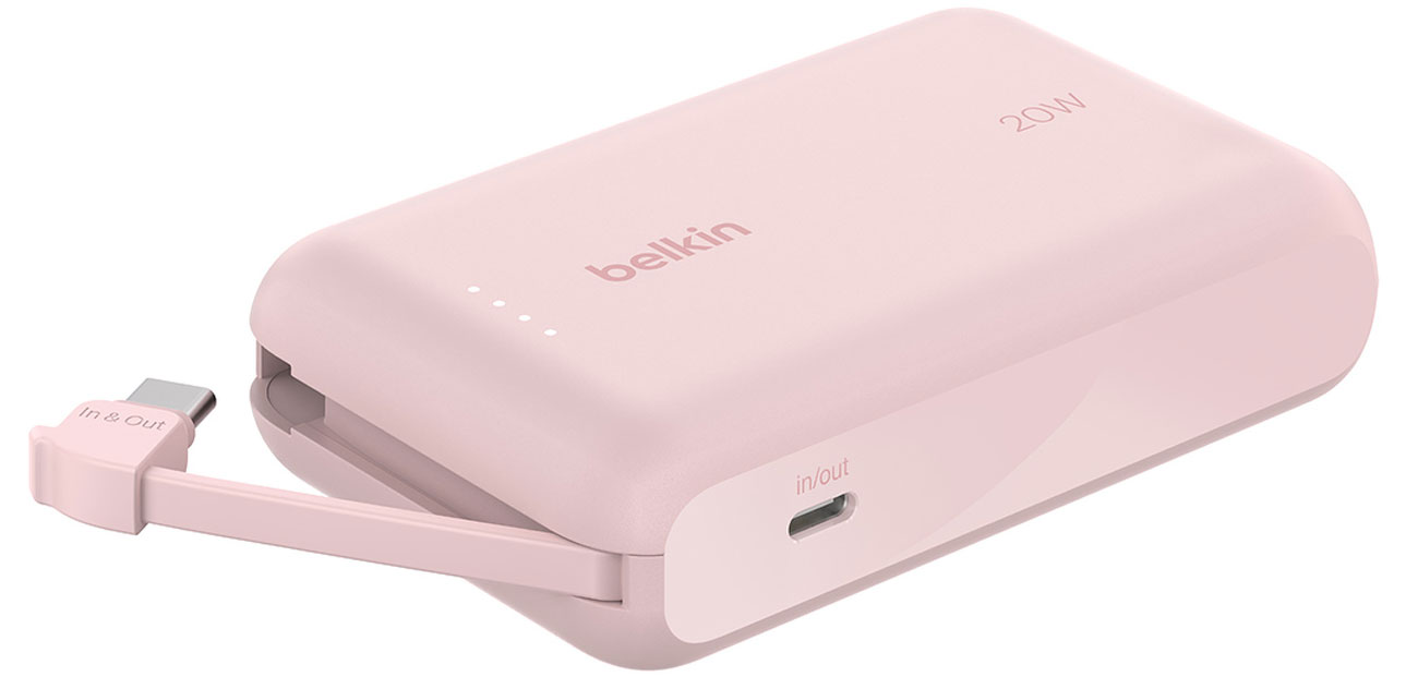 Belkin Powerbank 10 000 mAh, 20W, wbudowany kabel USB-C, różowy