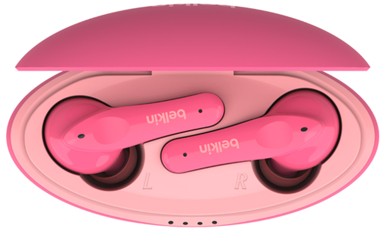 Słuchawki bezprzewodowe Belkin SoundForm Nano Różowe - Widok od góry wraz z etui
