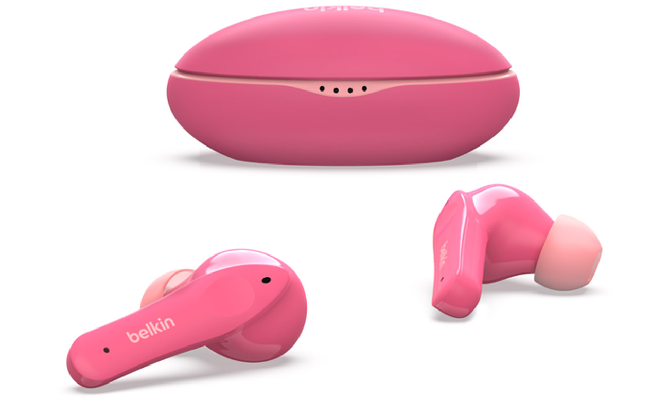 Słuchawki bezprzewodowe Belkin SoundForm Nano Różowe - Widok od góry wraz z etui