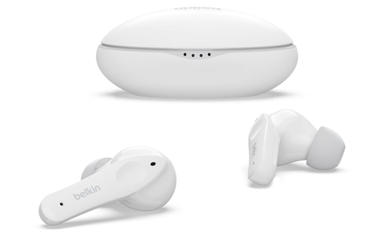 Słuchawki bezprzewodowe Belkin SoundForm Nano Białe - Widok od góry wraz z etui