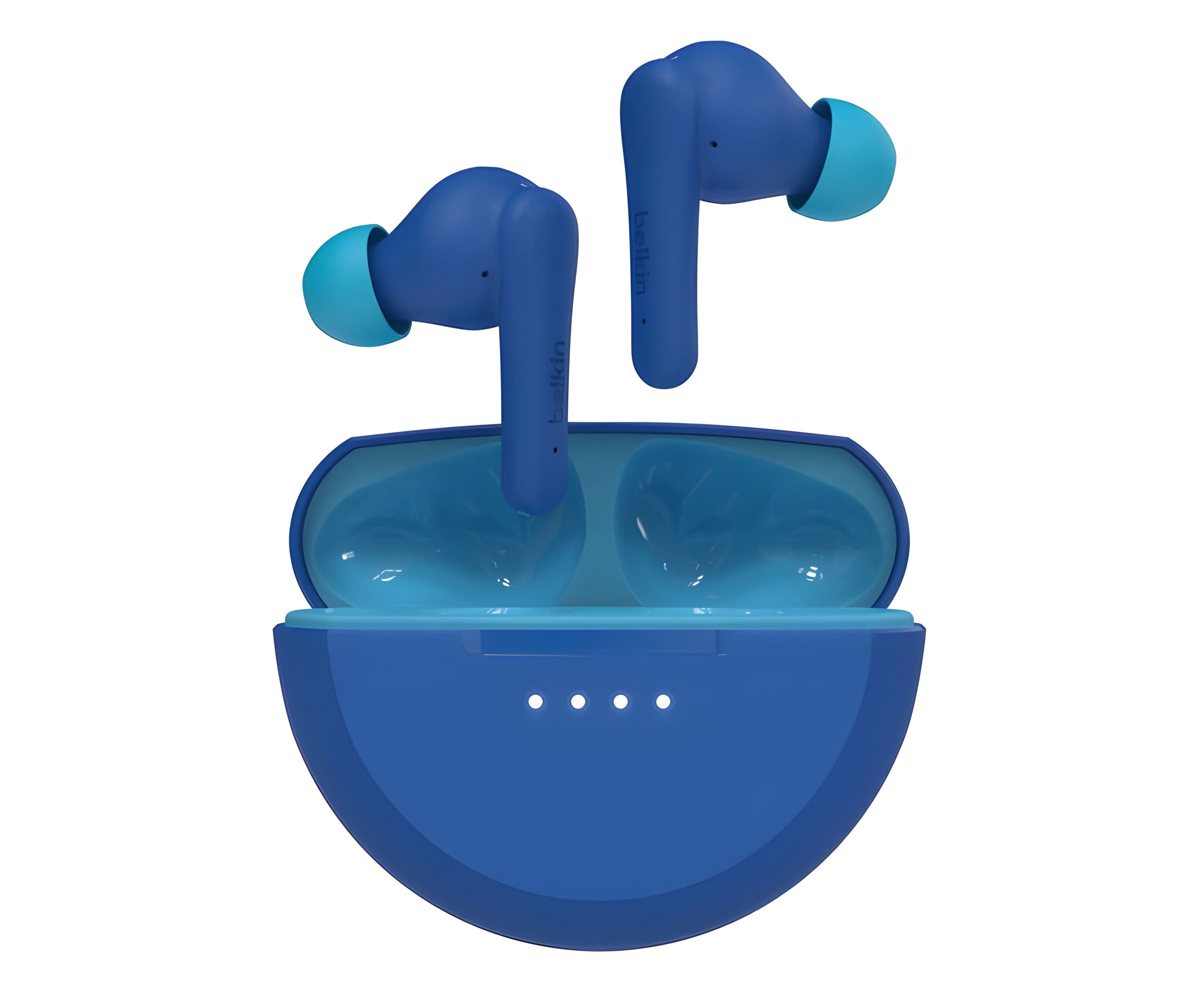 Słuchawki bezprzewodowe Belkin SoundForm Nano 2 Niebieskie - Widok od przodu wraz z otwartym etui ładującym