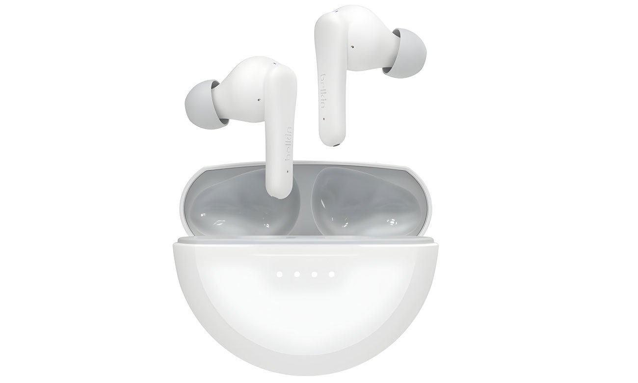 Słuchawki bezprzewodowe Belkin SoundForm Nano 2 Białe - Widok od przodu wraz z otwartym etui ładującym