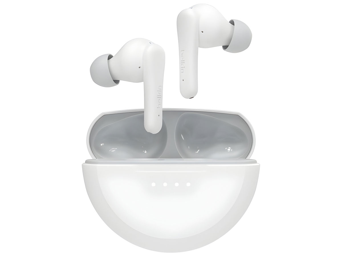 Słuchawki bezprzewodowe Belkin SoundForm Nano 2 Białe - Widok od przodu wraz z otwartym etui ładującym