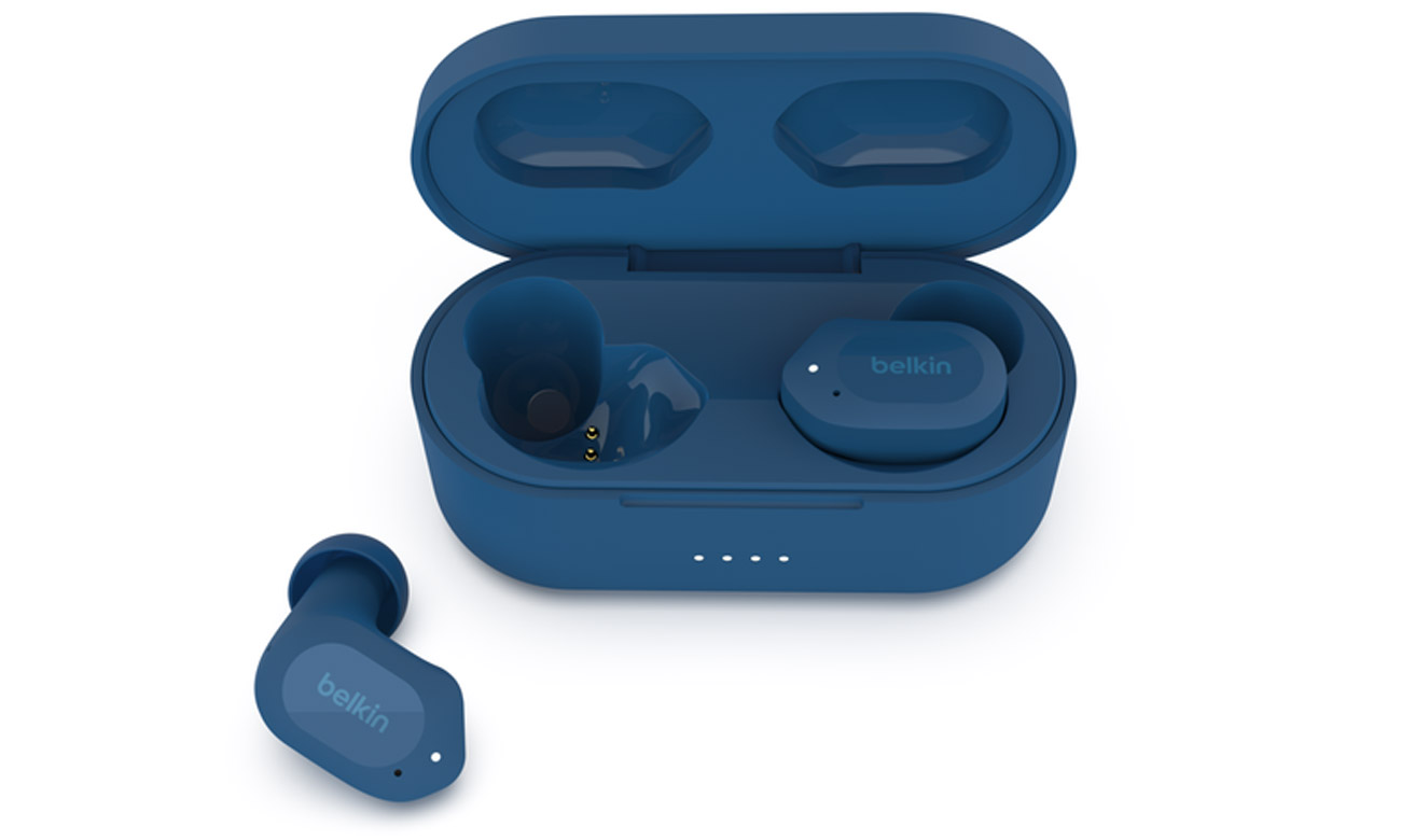 Słuchawki bezprzewodowe Belkin SoundForm Play Niebieskie - Widok od przodu wraz z etui