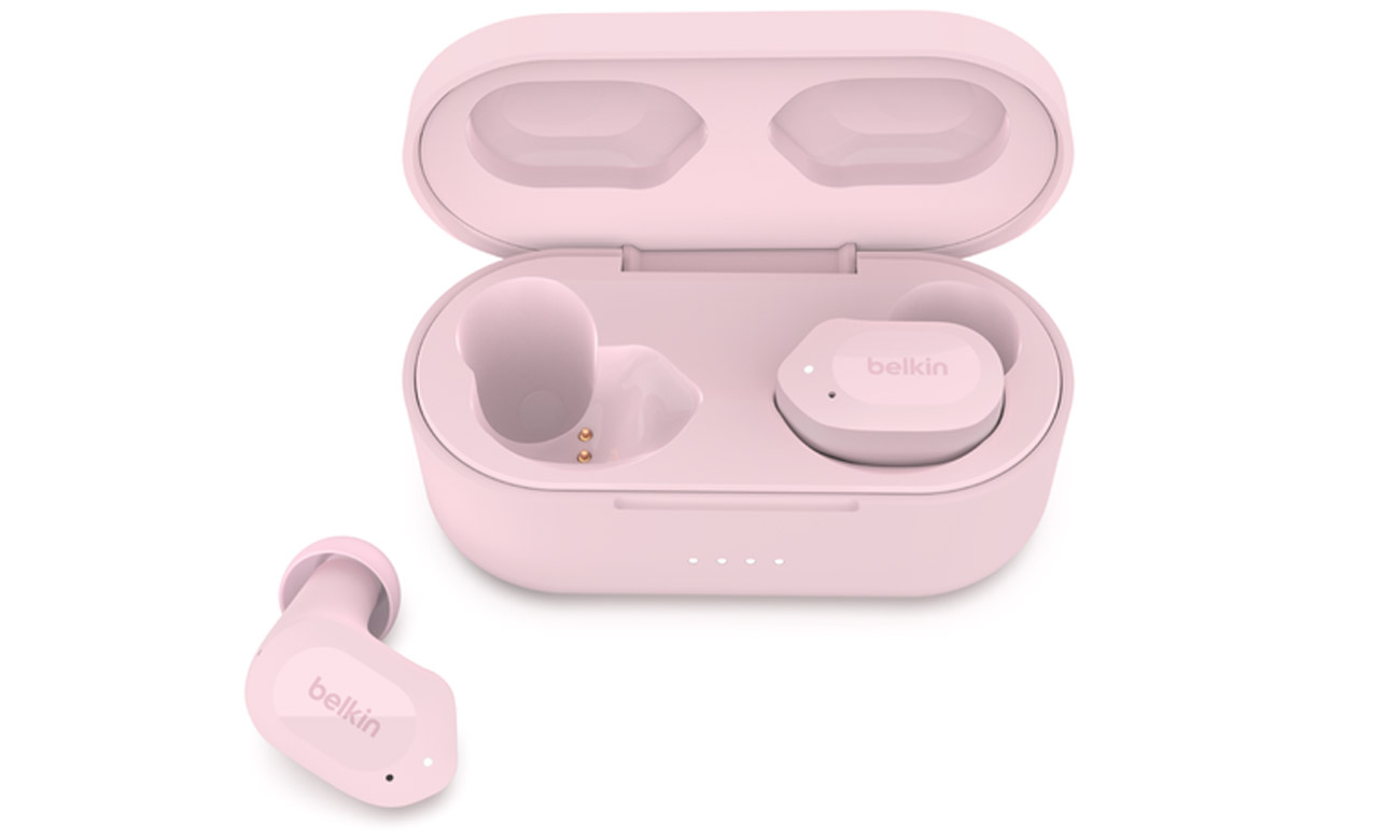 Słuchawki bezprzewodowe Belkin SoundForm Play Różowe - Widok od przodu wraz z etui