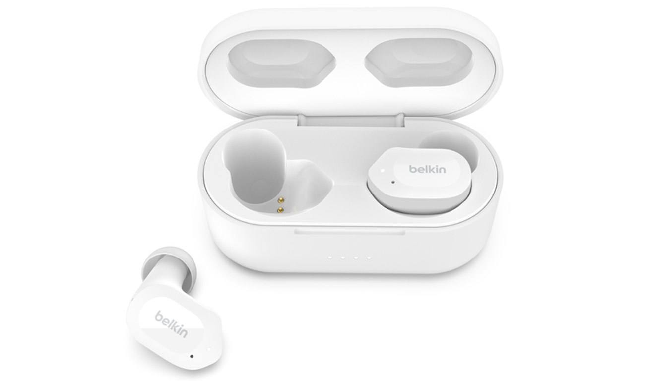 Słuchawki bezprzewodowe Belkin SoundForm Play Białe - Widok od przodu wraz z etui