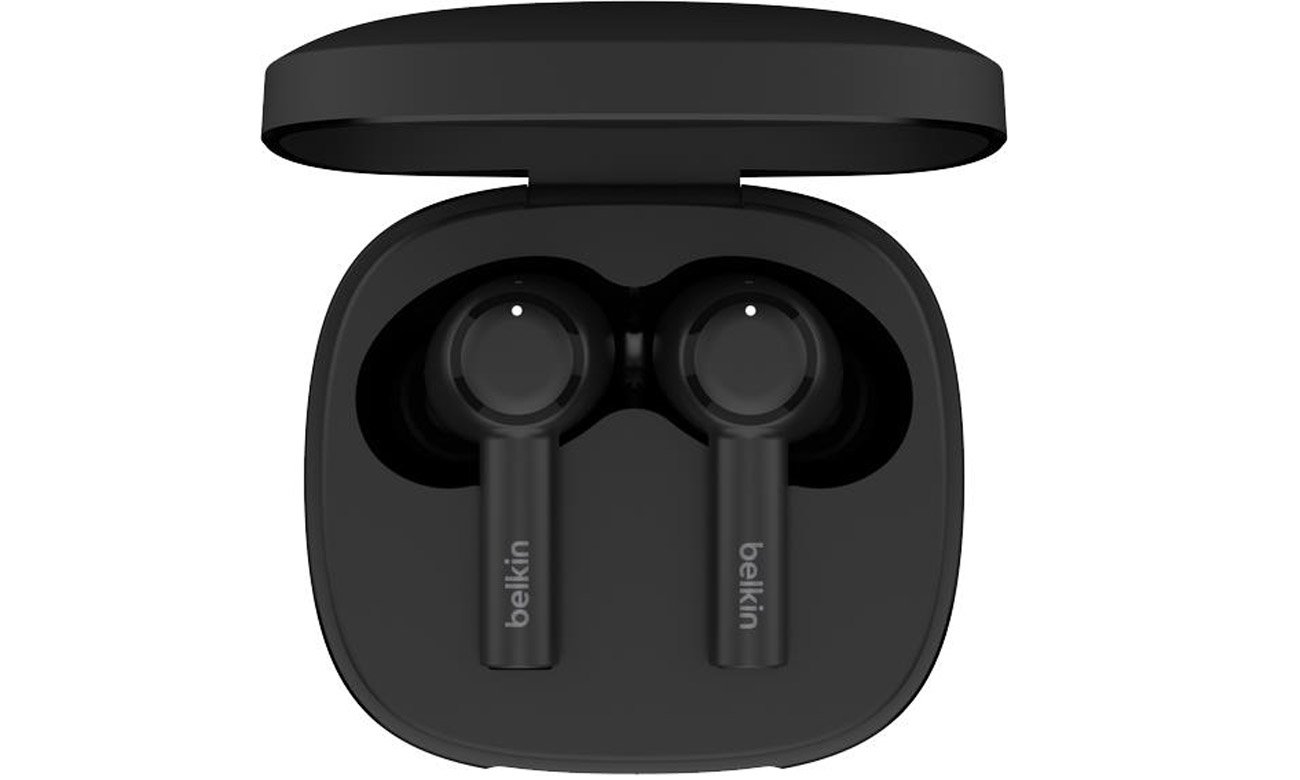 Słuchawki bezprzewodowe Belkin SoundForm Pulse Czarne - Widok od góry wraz z etui ładującym