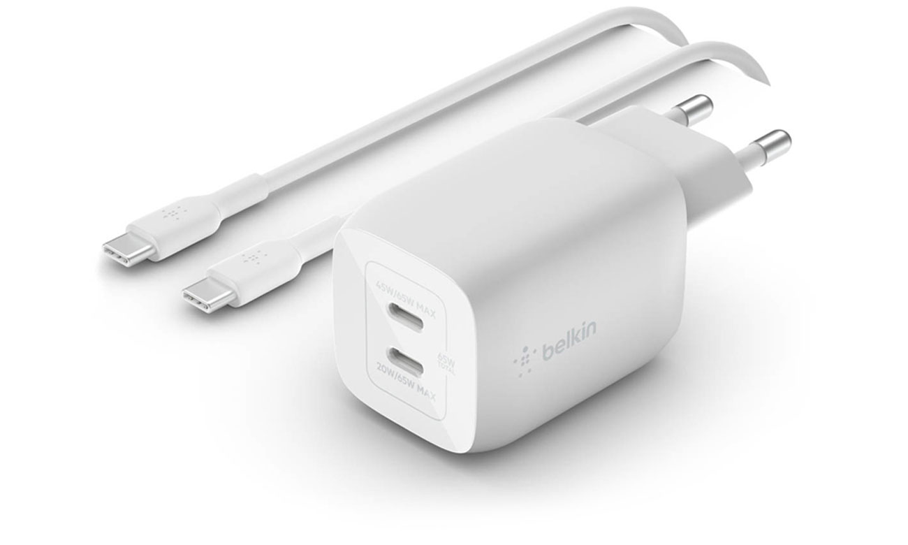 Podwójna ładowarka sieciowa (USB-C, GaN 65W + kabel) - Widok ogólny