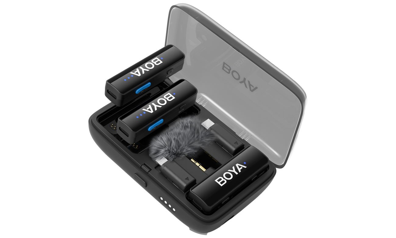 Bezprzewodowy system mikrofonowy BOYA Boyalink V2.0 - 2.4G - Widok ogólny wraz z etui